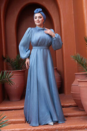 Drape Detaylı Mavi Tesettür Abiye Elbise 51072M
