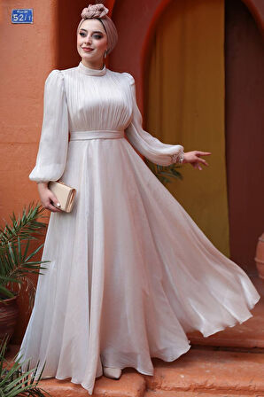 Drape Detaylı Taş Tesettür Abiye Elbise 51072TAS