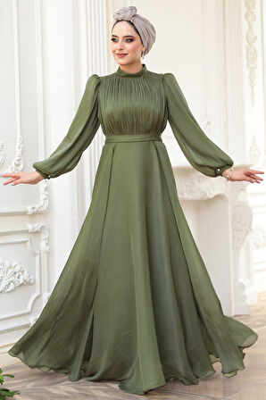 Drape Detaylı Haki Tesettür Abiye Elbise 51072HK
