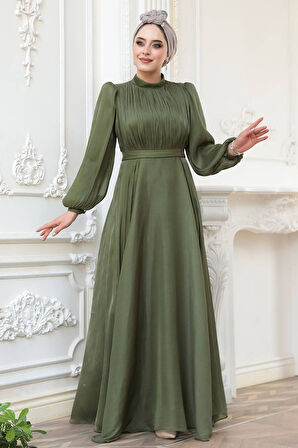 Drape Detaylı Haki Tesettür Abiye Elbise 51072HK