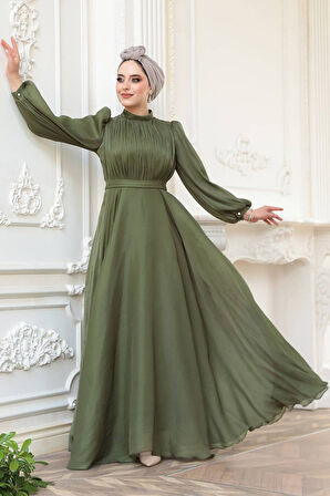 Drape Detaylı Haki Tesettür Abiye Elbise 51072HK