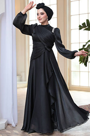 Drape Detaylı Siyah Tesettür Abiye Elbise 51641S