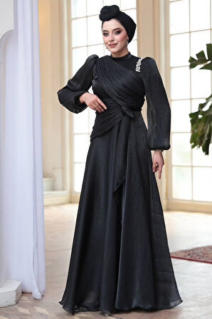 Drape Detaylı Siyah Tesettür Abiye Elbise 51641S