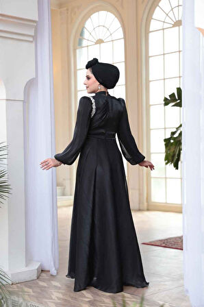 Drape Detaylı Siyah Tesettür Abiye Elbise 51641S