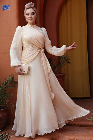 Drape Detaylı Bej Tesettür Abiye Elbise 51641BEJ
