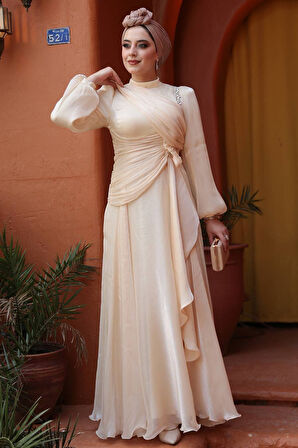 Drape Detaylı Bej Tesettür Abiye Elbise 51641BEJ