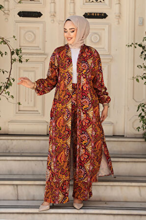 Desenli Turuncu Tesettür İkili Kimono Takım 12885T