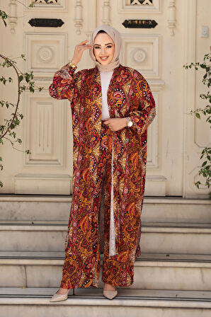 Desenli Turuncu Tesettür İkili Kimono Takım 12885T