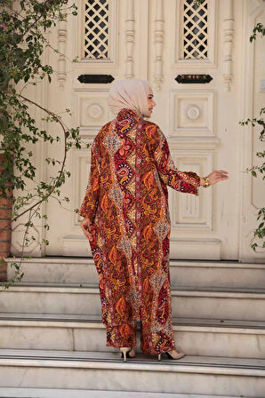 Desenli Turuncu Tesettür İkili Kimono Takım 12885T