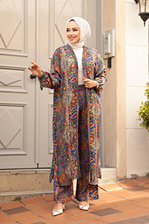 Desenli Sax Mavisi Tesettür İkili Kimono Takım 12885SX