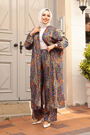 Desenli Sax Mavisi Tesettür İkili Kimono Takım 12885SX
