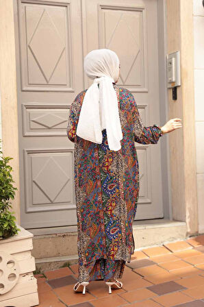 Desenli Sax Mavisi Tesettür İkili Kimono Takım 12885SX