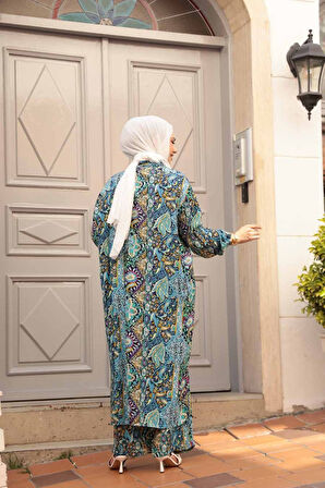 Desenli Mavi Tesettür İkili Kimono Takım 12885M