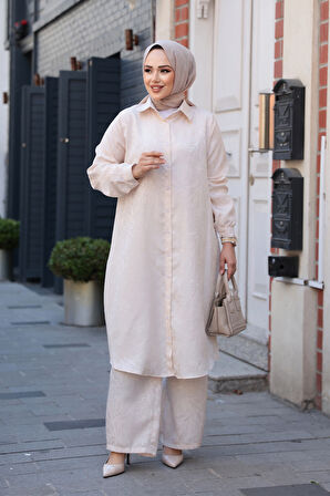 Desenli Bej Tesettür İkili Takım 12981BEJ