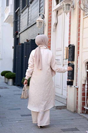 Desenli Bej Tesettür İkili Takım 12981BEJ