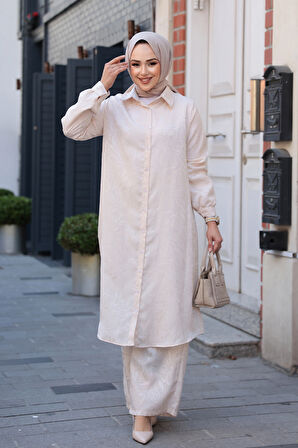 Desenli Bej Tesettür İkili Takım 12981BEJ