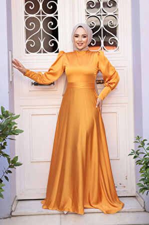 Saten Hardal Tesettür Abiye Elbise 23242HR