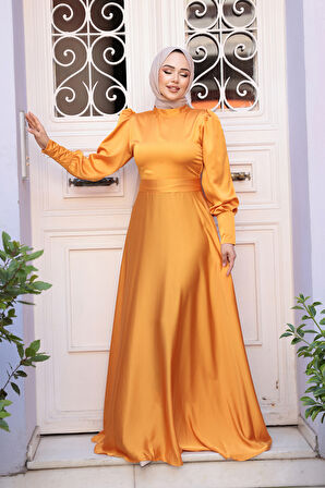 Saten Hardal Tesettür Abiye Elbise 23242HR