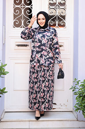 Desenli Siyah Tesettür Etekli İkili Takım 13027S