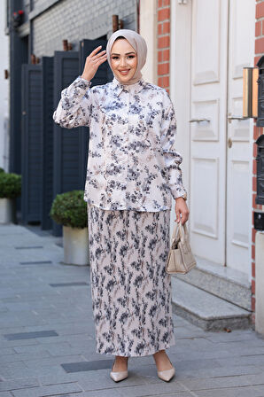 Desenli Füme Tesettür Etekli İkili Takım 13027FU