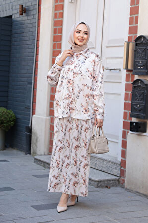 Desenli Vizon Tesettür Etekli İkili Takım 13027V