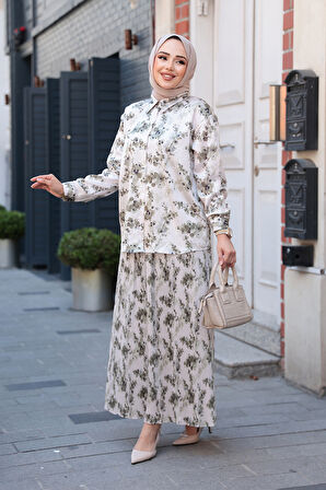 Desenli Çağla Yeşili Tesettür Etekli İkili Takım 13027CY