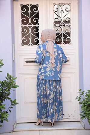 Desenli İndigo Mavisi Tesettür Etekli İkili Takım 13028IM