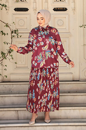Desenli Bordo Tesettür Etekli İkili Takım 13028BR