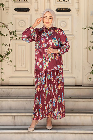 Desenli Bordo Tesettür Etekli İkili Takım 13028BR