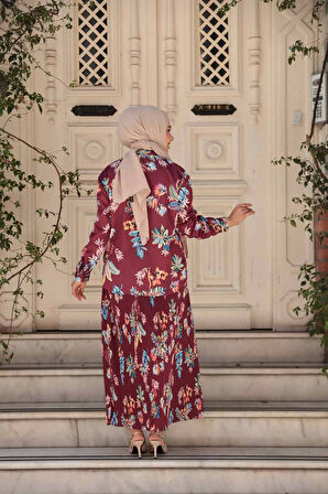 Desenli Bordo Tesettür Etekli İkili Takım 13028BR