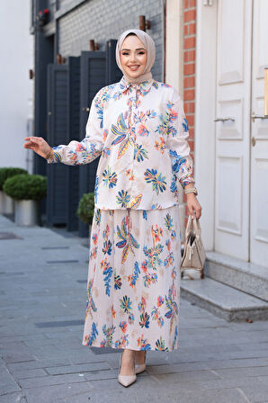 Desenli Mavi Tesettür Etekli İkili Takım 13028M