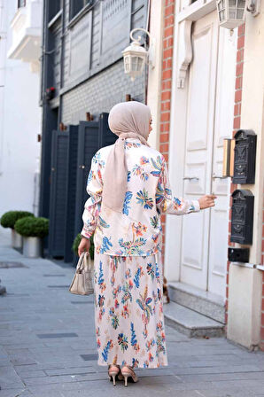 Desenli Mavi Tesettür Etekli İkili Takım 13028M