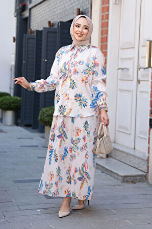 Desenli Mavi Tesettür Etekli İkili Takım 13028M