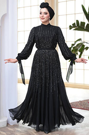 Boncuk İşlemeli Siyah Tesettür Abiye Elbise 25913S