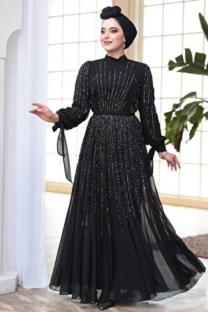Boncuk İşlemeli Siyah Tesettür Abiye Elbise 25913S