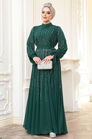 - Boncuk İşlemeli Yeşil Tesettür Abiye Elbise 25913Y