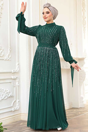 - Boncuk İşlemeli Yeşil Tesettür Abiye Elbise 25913Y