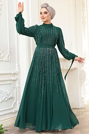 - Boncuk İşlemeli Yeşil Tesettür Abiye Elbise 25913Y