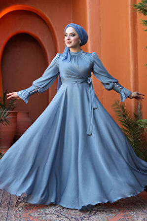 - Bağlama Detaylı İndigo Mavisi Tesettür Abiye Elbise 48051IM