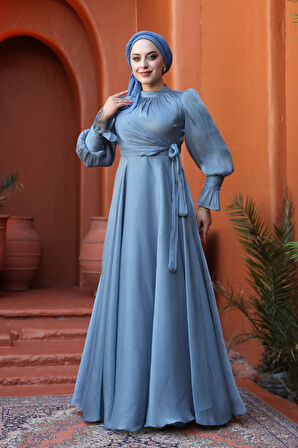 - Bağlama Detaylı İndigo Mavisi Tesettür Abiye Elbise 48051IM