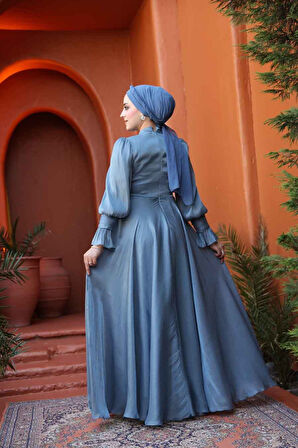 - Bağlama Detaylı İndigo Mavisi Tesettür Abiye Elbise 48051IM