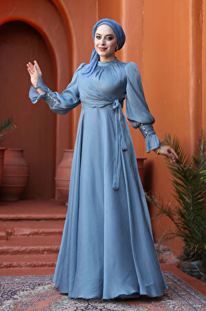  Bağlama Detaylı İndigo Mavisi Tesettür Abiye Elbise 48051IM