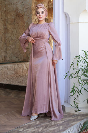 Kuyruklu Gül Kurusu Tesettür Abiye Elbise 4986GK