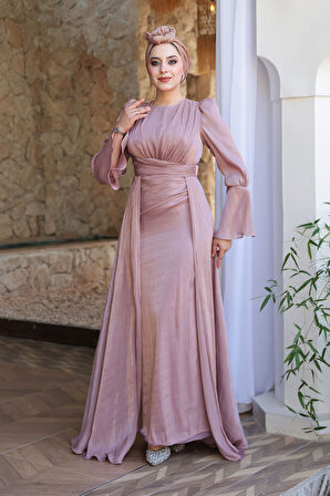 Kuyruklu Gül Kurusu Tesettür Abiye Elbise 4986GK