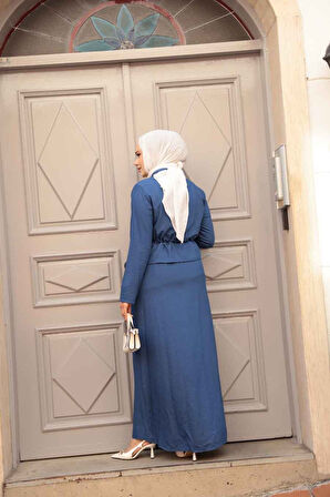 Ceketli İndigo Mavisi Tesettür Elbise İkili Takım 44651IM