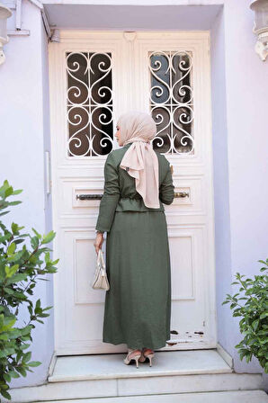 Ceketli Haki Tesettür Elbise İkili Takım 44651HK