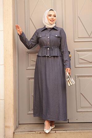 Ceketli Füme Tesettür Elbise İkili Takım 44651FU