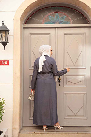 Ceketli Füme Tesettür Elbise İkili Takım 44651FU