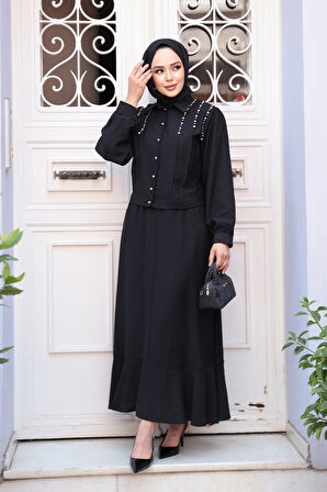 Düğmeli Siyah Tesettür Etekli İkili Takım 44741S