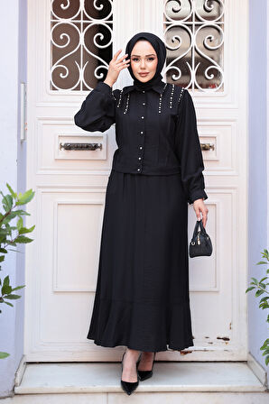 Düğmeli Siyah Tesettür Etekli İkili Takım 44741S